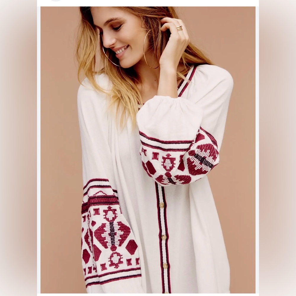 Free People Cream Tunic Dress with Burgundy Embroidery